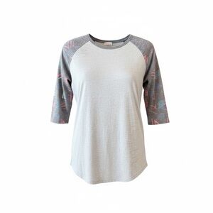 LuLaRoe Randy Light Seafoam Gray Aztec Raglan Tee with Pink Accent Print Sleeves